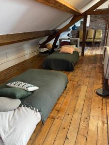 Duas camas num quarto com pisos em madeira em Le millesime 2 : hyper centre em Troyes