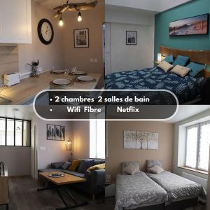 2 fotografías de un dormitorio y una sala de estar en L'appart d'Antoine, en Saint-Quentin