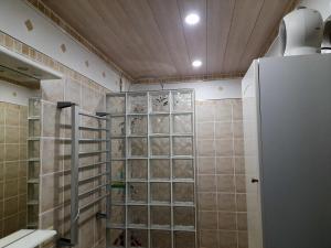 a bathroom with a shower with a glass block wall at Appartement d'une chambre avec vue sur le lac terrasse amenagee et wifi a Sainte Croix du Verdon a 2 km de la plage in Sainte-Croix-de-Verdon