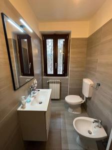 Grazioso Bilocale in Val Vigezzo في Craveggia: حمام مغسلتين ومرحاض ومرآة
