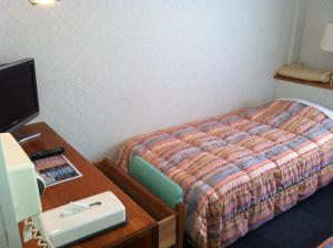 a hotel room with a bed and a desk with a computer at Hotel Kokusai Plaza (Kokusai-Dori) in Naha