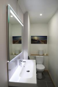 ein Badezimmer mit einem weißen Waschbecken und einem WC in der Unterkunft L'appart d'Antoine in Saint-Quentin