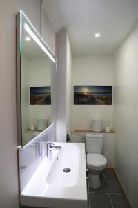 une salle de bains avec un lavabo blanc et des toilettes dans l'établissement L'appart d'Antoine, à Saint-Quentin