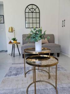 sala de estar con sofá y mesa con planta en Cozy 2 bedroom APT - Near Kenilworth Racecourse, en Ciudad del Cabo