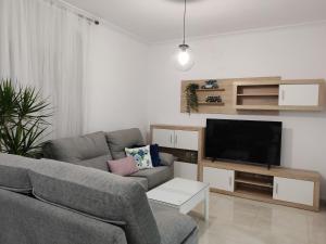 sala de estar con sofá y TV de pantalla plana en Apartamentos BARBAS en Villanueva de los Castillejos
