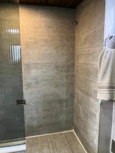 baño con ducha y puerta de cristal en Apart Rei Barra, en Salvador