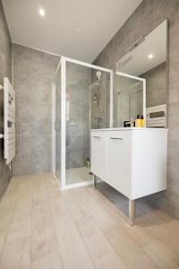 La salle de bains est pourvue d'une douche et d'une coiffeuse blanche avec un miroir. dans l'établissement Le p’tit nid des Halles, à Le Grand-Lemps