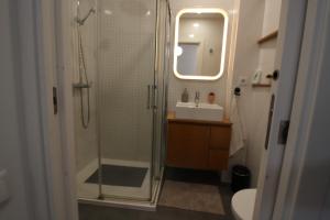 a bathroom with a shower and a sink and a mirror at Downtown Villa in Faro