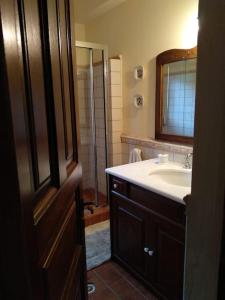 a bathroom with a sink and a mirror and a shower at Melina's Mansion in Tsagarada