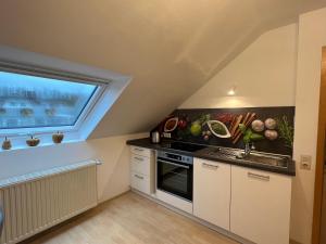 een keuken met een wastafel en een raam bij Berufspendler- wohnen wo Andere Urlaub machen in Neuhütte