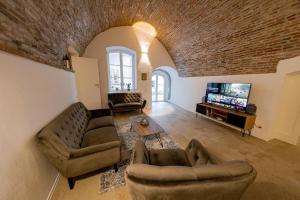 a living room with two couches and a tv at Servus Apartments Old Town Premium in Passau