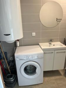 a bathroom with a washing machine and a sink at Studio tout équipé à la nuitée ou plus,proche aéroport Bastia in Lucciana