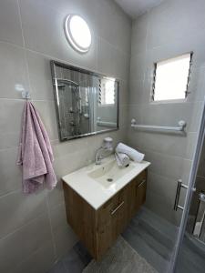 a bathroom with a sink and a shower and a mirror at לנפוש בכייף בדגניה in Haifa