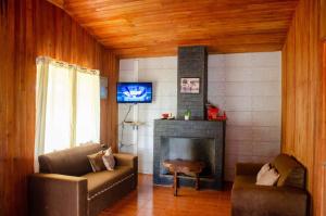 sala de estar con chimenea y TV en Hospedaje y alojamiento Cabañas Don Beto, en La Palma
