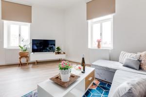 a living room with a couch and a tv at Modern, bright and spacious apartment in Prague
