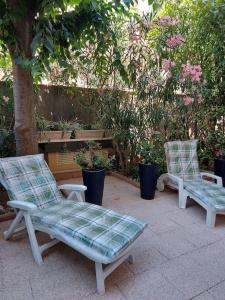 2 sillas sentadas en un patio con plantas en Studio Rénové en Rez de Jardin Climatisé en Cannes