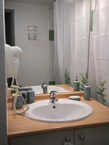 bagno con lavandino bianco e specchio di Les Balcons de La Neste - Appt 1 à 6 personnes (Balcon et vue montagne) ad Arreau