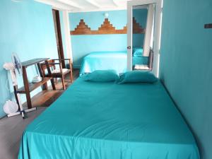 a bedroom with a blue bed and a mirror at Posada Don Julio in Flores