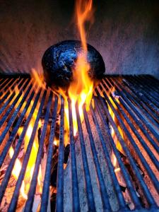 einen Hot Dog auf einem Grill mit Flammen in der Unterkunft Ecoscape Jamaica - Cottages by the river in Ocho Rios