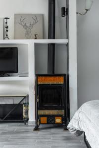 kominek w pokoju z łóżkiem i telewizorem w obiekcie Loft Deluxe Magnolia - Ovindoli w mieście Ovindoli