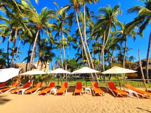 a beach with chairs and umbrellas and palm trees at Hotel Ysuri San Pancho in San Francisco