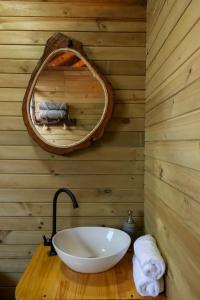 Glamping Encanto de Luna في Fredonia: حمام مع حوض أبيض ومرآة