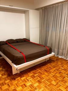Un dormitorio con una cama con una línea roja. en Esme en Buenos Aires