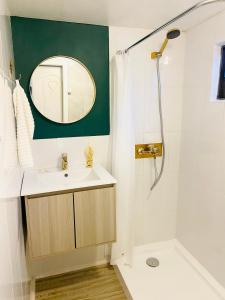 孔斯蒂圖西翁的住宿－Lodge Mini Refugio，浴室配有盥洗盆和带镜子的淋浴