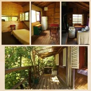 3 fotos de una cabaña con cocina y dormitorio en Cabañas Verdes en Tigre