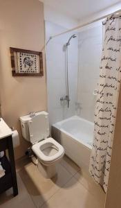 a bathroom with a toilet and a tub and a shower at Comfortable apartment and excellent location in Ushuaia