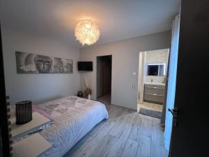 アンブロネにあるVilla 5 chambres avec piscine, jacuzzi, terrain.のベッドルーム1室(ベッド1台、シャンデリア付)