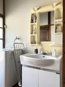 a bathroom with a sink and a mirror and a radiator at 桜山ノウチ in Zushi
