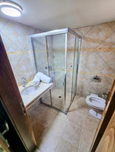 een badkamer met een douche, een wastafel en een toilet bij Your Home in Deir Ḥannā