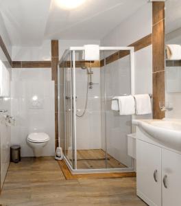 ein Bad mit einer Dusche, einem WC und einem Waschbecken in der Unterkunft Hotel Alte Fabrik in Mettmann