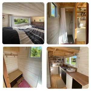 a collage of four pictures of a tiny house at Tiny house au cœur du bocage in Landelles-et-Coupigny