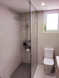 a bathroom with a shower with a toilet and a window at Piles Playa Beach Apartment in Piles