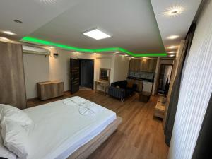 1 dormitorio con 1 cama con luces verdes en el techo en family apart hotel, en Estambul