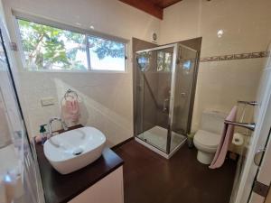 a bathroom with a sink and a shower and a toilet at Clandulla Cottages & Farmstay in Boyland