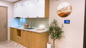 a kitchen with white cabinets and a potted plant at Capsule Ecopark in HÆ°ng YÃªn