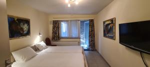 um quarto com uma cama e uma televisão de ecrã plano em Alliance Hotel Ieper Centrum em Ypres