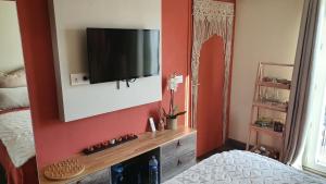 um quarto com uma televisão de ecrã plano na parede em Le petit coin de Provence em Beaucaire