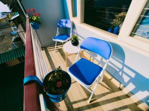 two blue chairs and a plant on a balcony at Blue Hills- B&B McleodGanj in Dharamshala