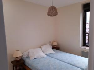 ein Schlafzimmer mit einem blauen Bett mit zwei Lampen in der Unterkunft Belle vue in Gourdon-en-quercy