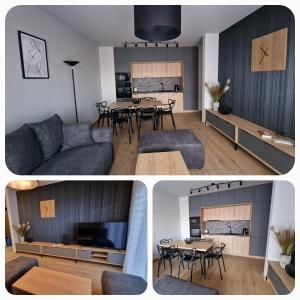 Skórzewo的住宿－Apartament SALONET Airport & MTP，客厅和用餐室的两张照片