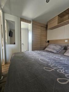 a bedroom with a large bed with a carpet on it at Mobil home Sylvie et Alain in Canet-en-Roussillon
