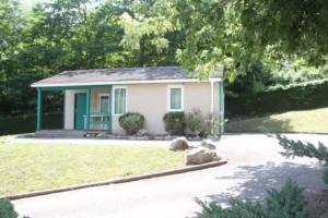 a small house with a green door in a yard at Le chalet de Sabine et Patrick in Vicdessos