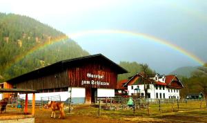 un arco iris en el cielo sobre un granero con un caballo en Gutshof zum Schluxen en Pinswang