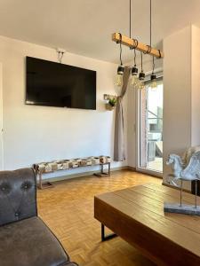 een woonkamer met een tafel en een televisie bij Au coin de la rue in Rhinau