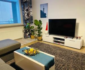 a living room with a flat screen tv and a table at Studiohuoneisto Vallikadun Helmi in Lappeenranta