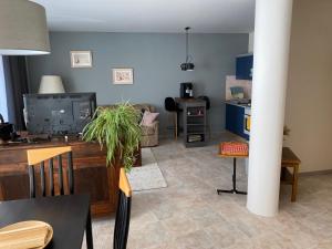 a living room with a kitchen and a dining room at FeWo Roland Ranft direkt am Kurpark Barrierearm 60qm in Bad Elster